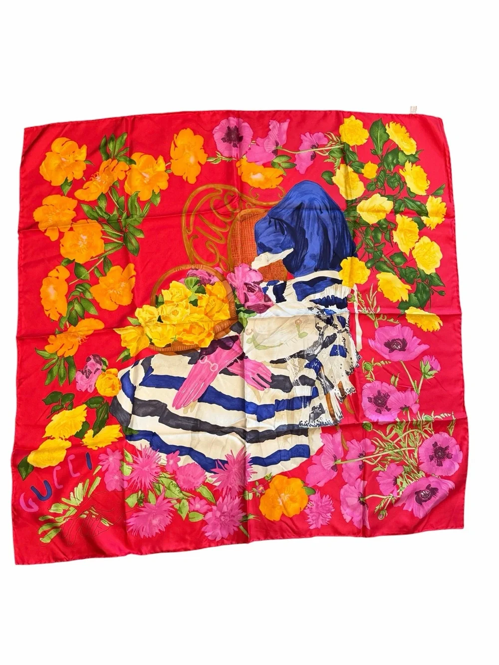 Gucci Red Silk Floral Scarf with Pink and Green Accents